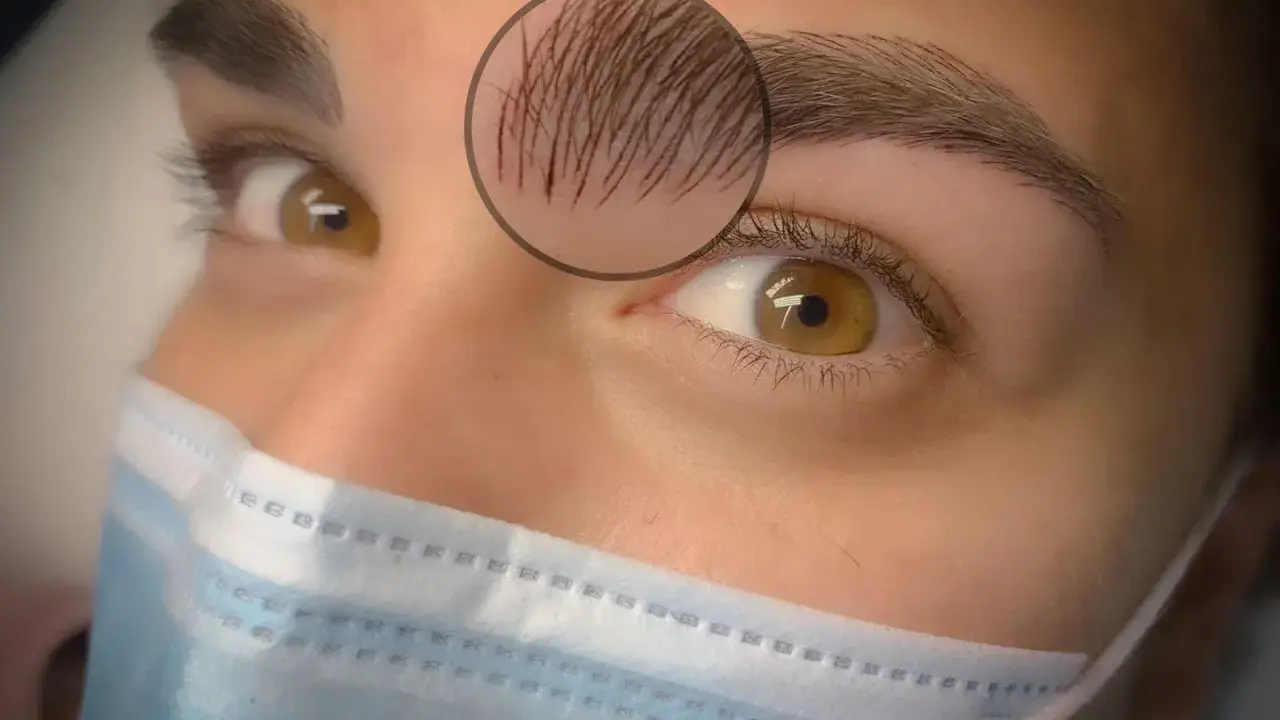 Gros plan sur un œil et un sourcil, avec un zoom sur une fine cicatrice au sourcil, cachée par quelques poils.