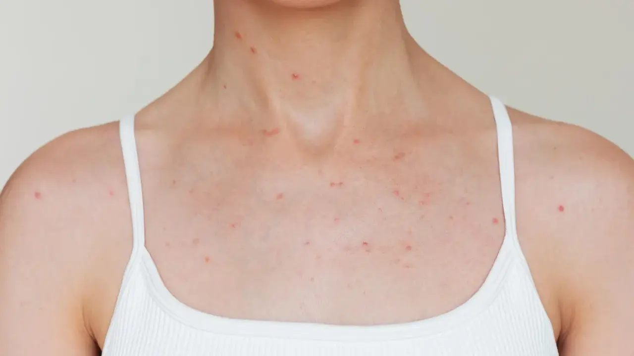 Poitrine et cou couverts de petits boutons rouges.