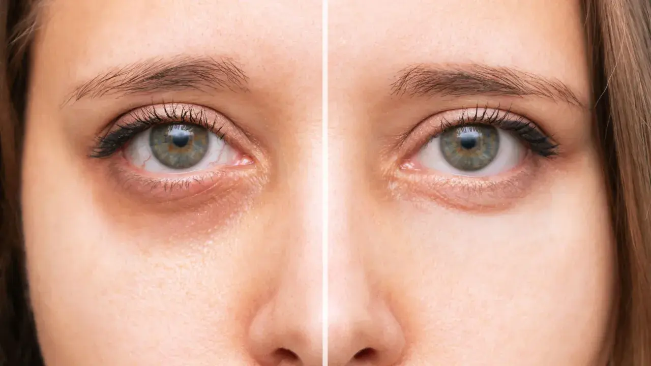 Comparaison avant/après : des yeux fatigués avec des cernes prononcés à des yeux reposés et lumineux.