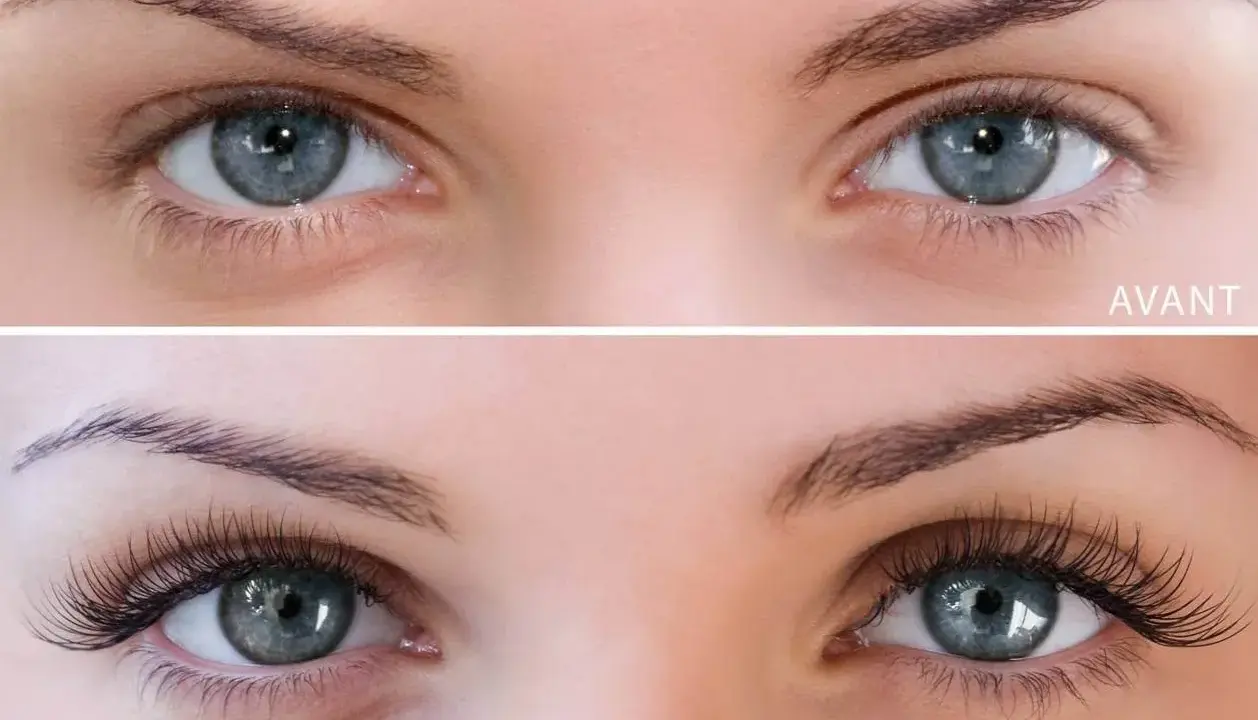 Avant/Après : des yeux bleus aux cils naturels, puis des cils longs et volumineux, posés cil à cil pour un regard de biche.