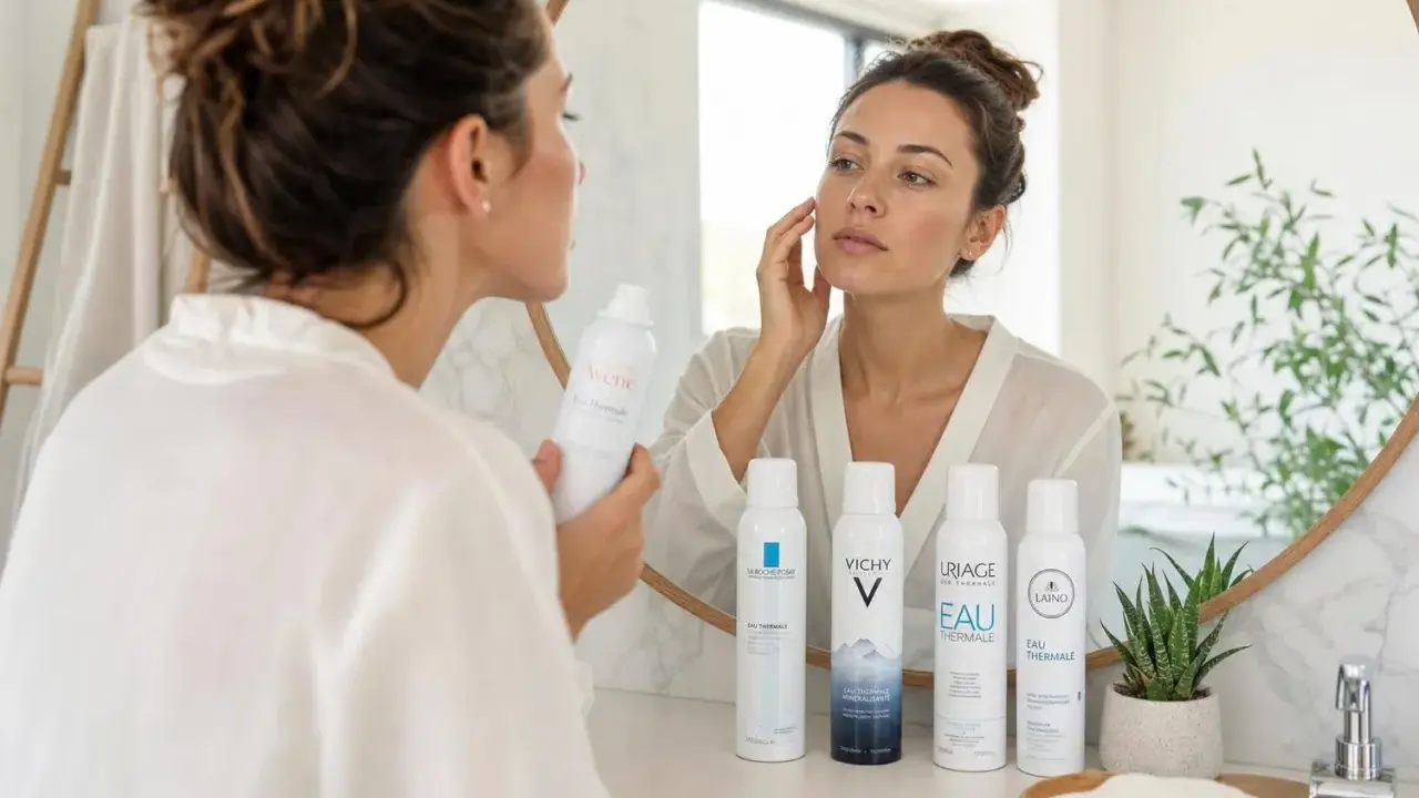 Une femme applique de l'eau thermale Avène sur son visage, entourée d'autres brumisateurs d'eau thermale.