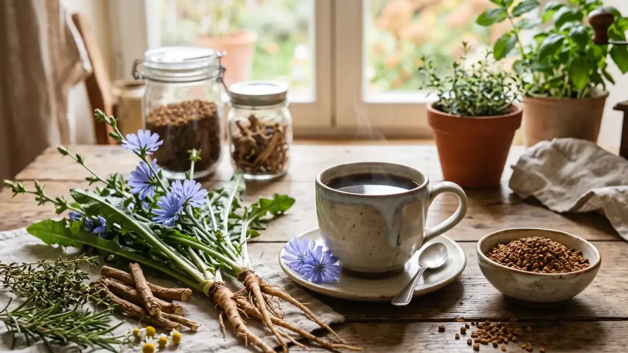 Tasse de café fumante près de racines de chicorée et de fleurs bleues. Les chicorée bienfaits sont nombreux, cette plante est utilisée pour ses vertus.