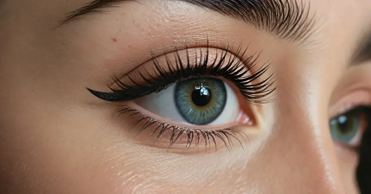 Œil bleu perçant avec un trait d'eye-liner fin et des cils longs. Le sourcil effet poudré encadre parfaitement le regard.