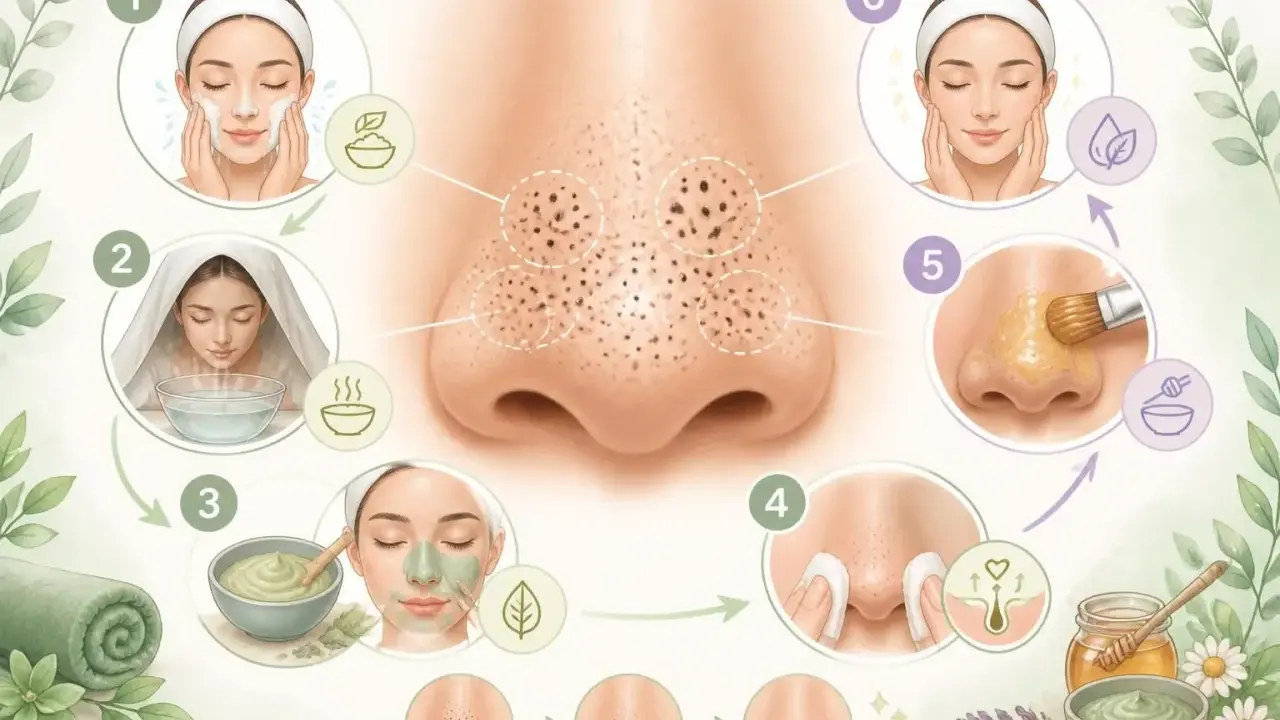 Étapes pour l'extraction de gros points noirs sur le nez : nettoyage, vapeur, masque, extraction douce, application de miel et soin final.