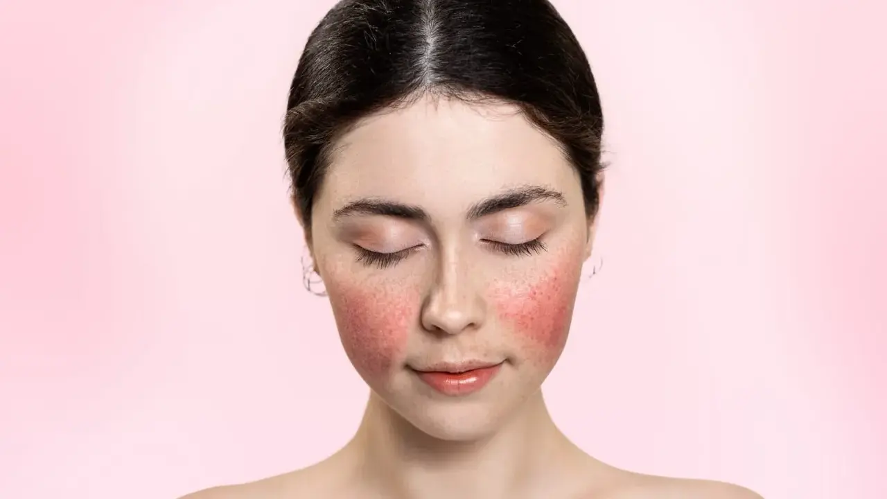 Visage d'une jeune femme aux joues marquées par une plaque rouge, les yeux fermés, sur fond rose doux.