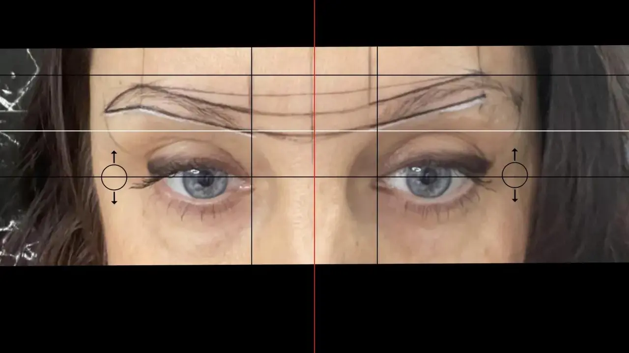 Grille de mesure sur le visage, montrant un sourcil raté. Des flèches indiquent les ajustements nécessaires.