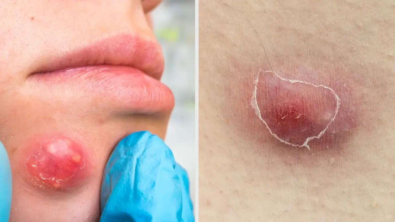 Gros bouton sous la peau douloureux, rouge et enflammé, près de la bouche, et un autre sur la peau.