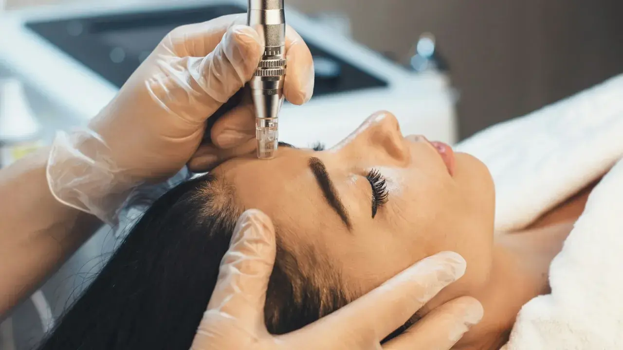 Un appareil de microneedling visage est utilisé par des mains gantées pour un soin de la peau.