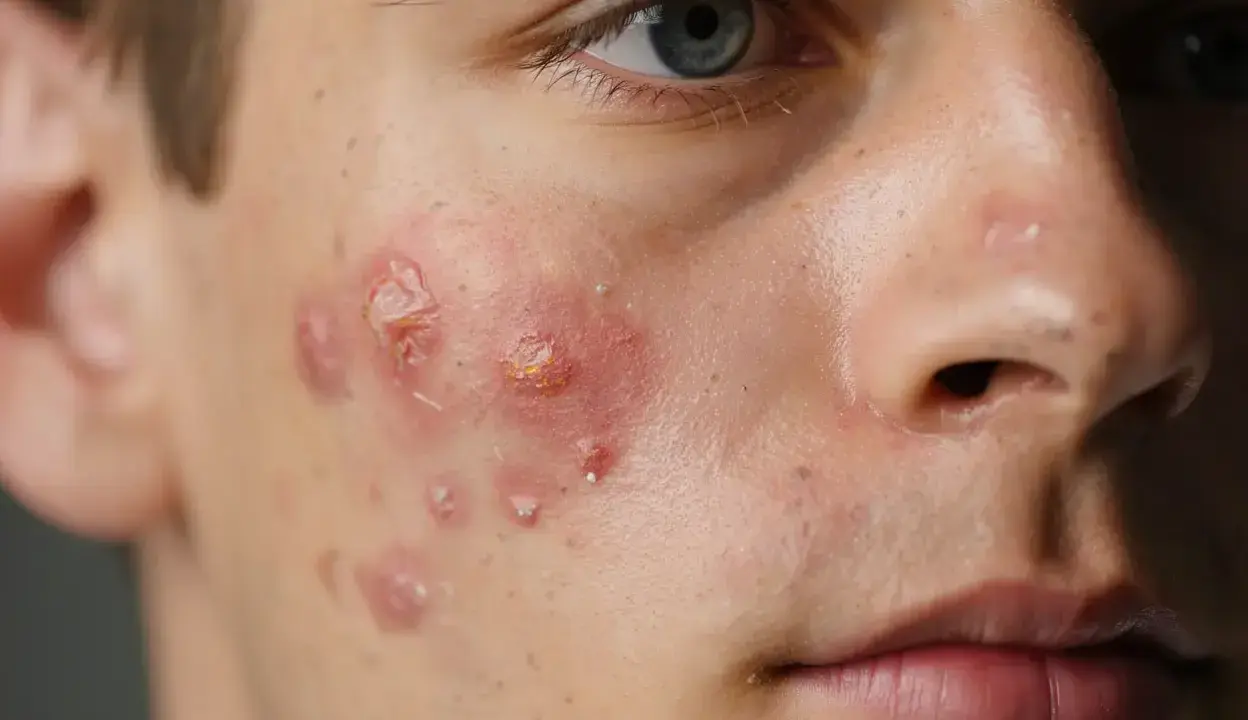 Gros plan sur le visage d'un jeune homme, montrant une irritation paupière et des lésions d'acné enflammées sur la joue.