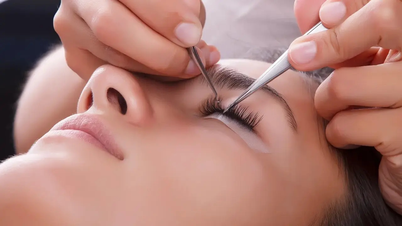 Pose de cils : quelle pince à épiler choisir pour un résultat parfait. Une esthéticienne applique des extensions de cils avec précision.