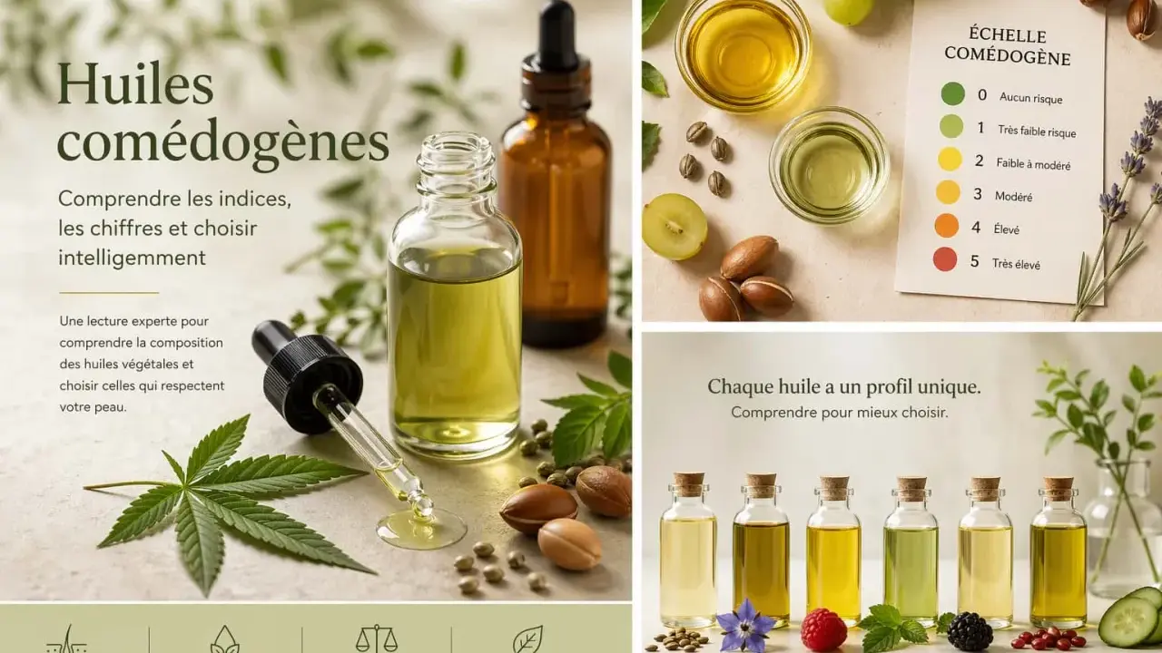 Huiles comédogènes : comprendre les indices pour choisir la meilleure huile pour votre peau. Échelle de comédogénicité affichée.