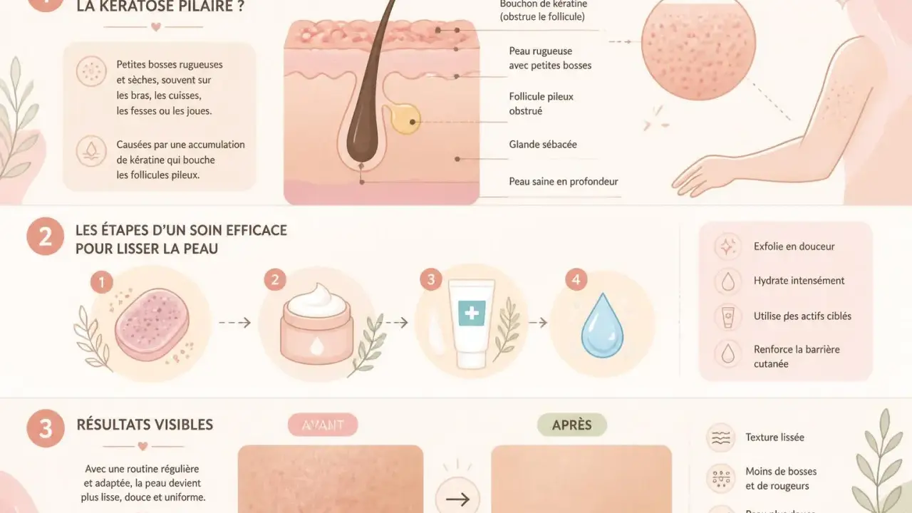 Illustration expliquant la kératose pilaire, ses causes et les étapes d'un soin pour lisser la peau, transformant une peau rugueuse type "peau de fraise" en une peau lisse.