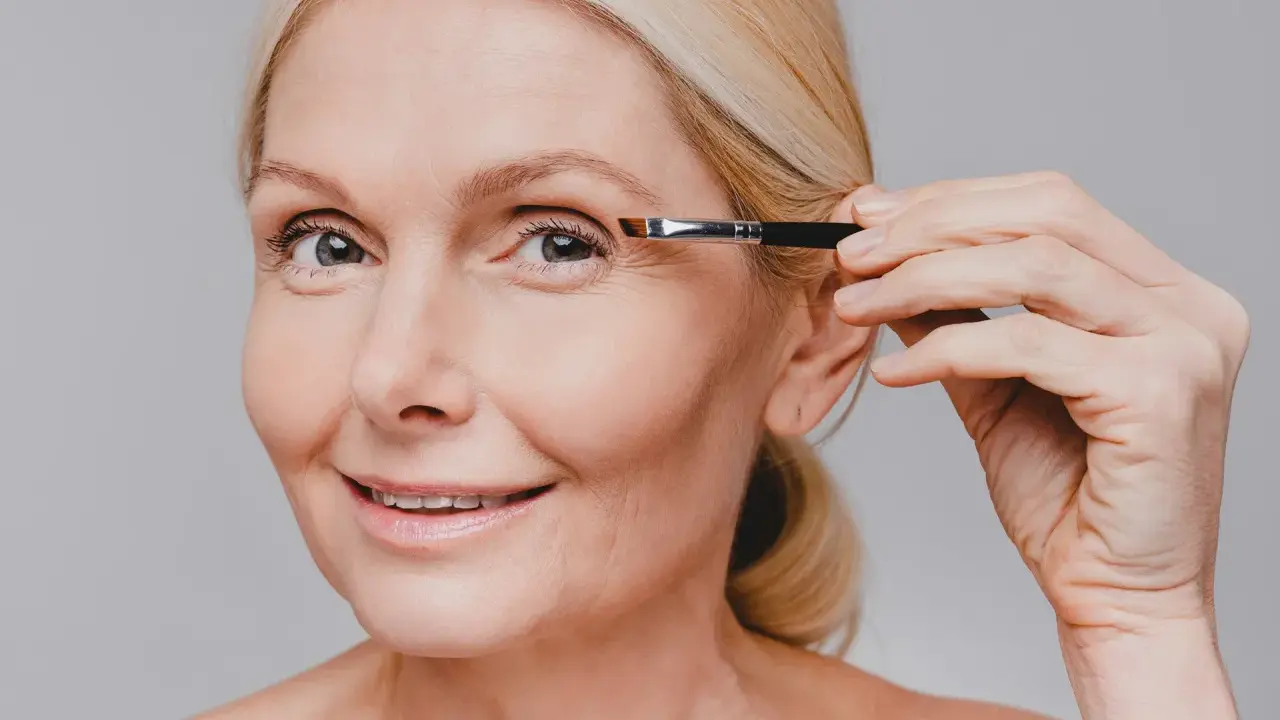 Une femme blonde applique du maquillage sur son œil, son sourcil blanc est visible.