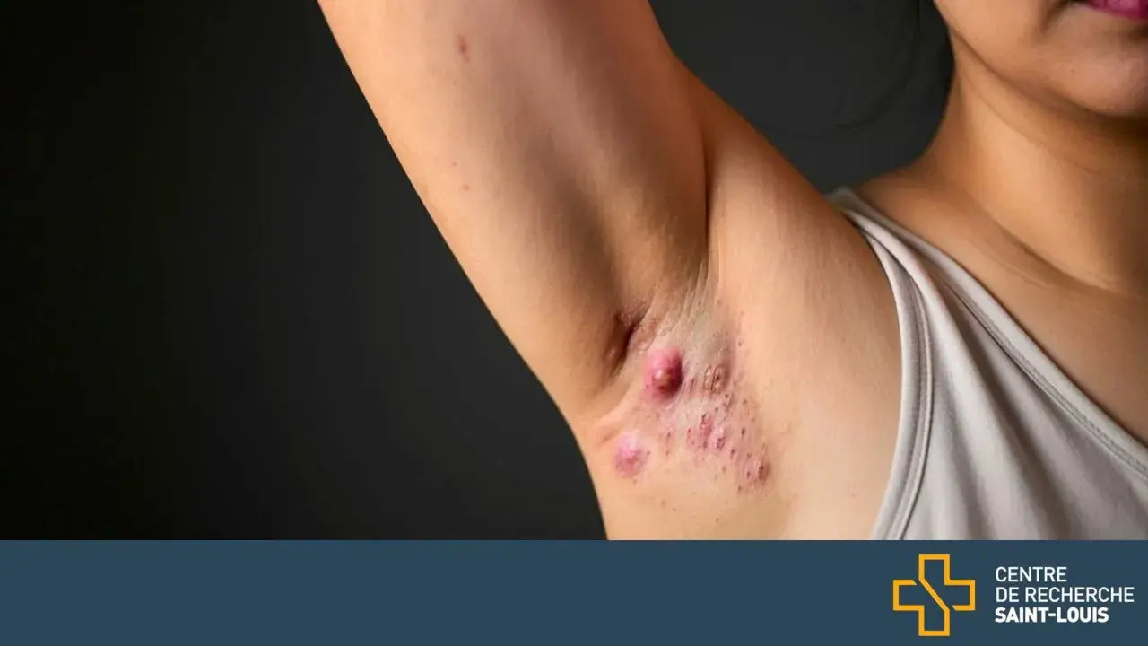 Gros plan sur des boutons sous les aisselles, certains enflammés, sur la peau d'une personne.