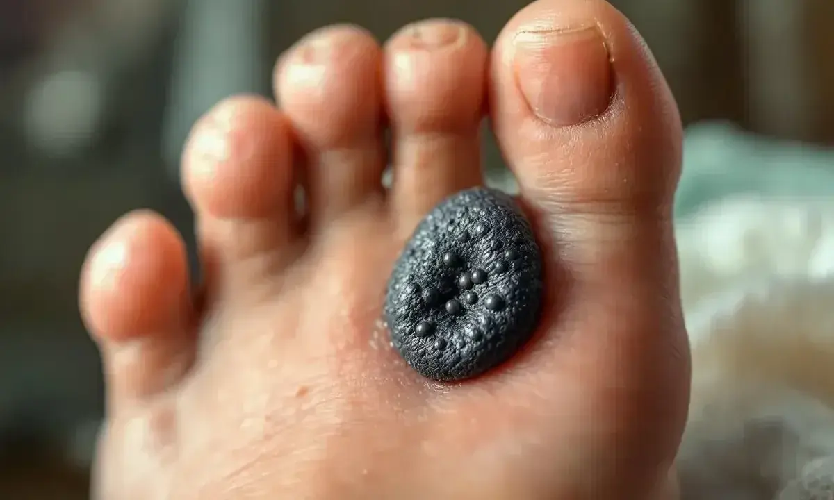 Gros plan sur un pied avec une verrue noire, rugueuse et texturée, parsemée de petits points sombres, posée sur la peau entre les orteils.