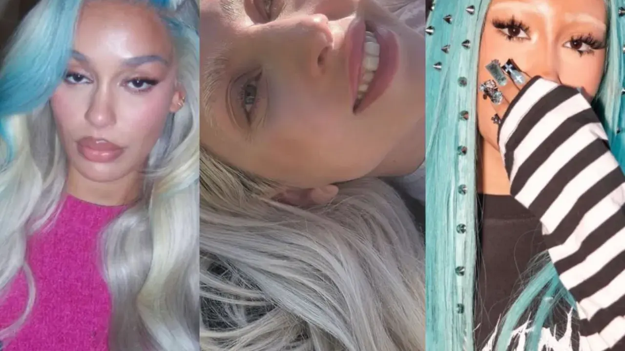 Trois femmes aux cheveux bleus et blancs, avec une **dépigmentation sourcils** audacieuse. L'une porte un pull fuchsia, l'autre est allongée, la troisième a des clous sur ses cheveux.