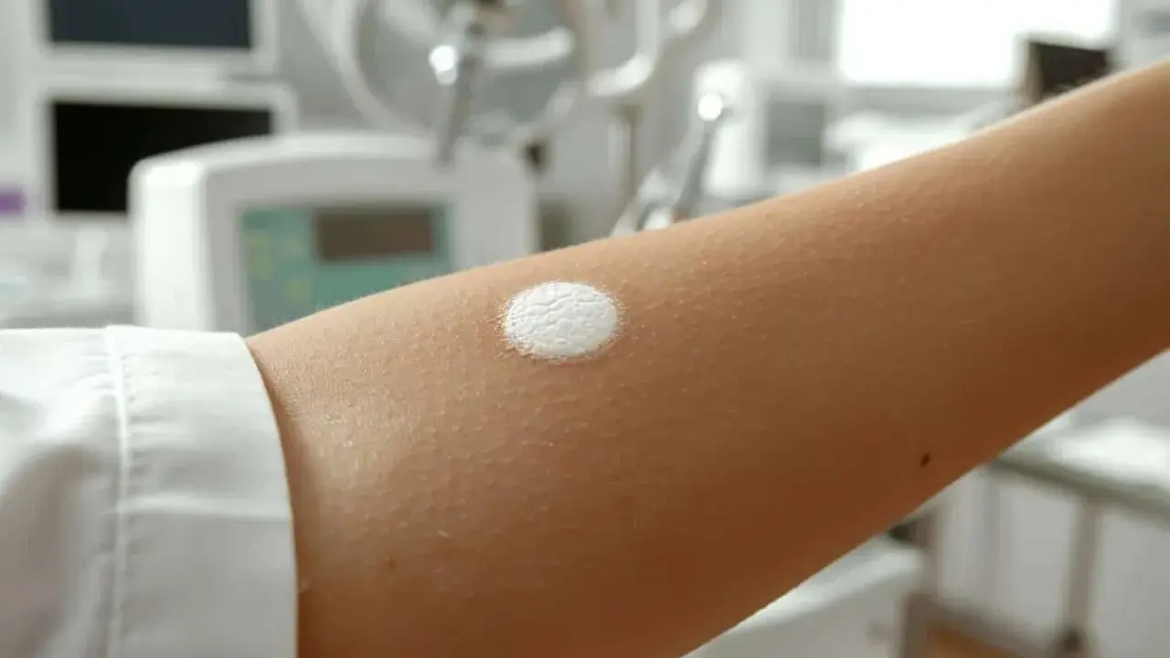 Une plaque blanche sur la peau, appliquée sur un bras dans un environnement médical.