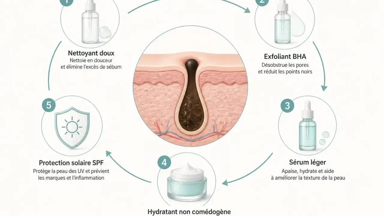 Schéma d'une routine de soins pour la peau, montrant comment désincruster les pores obstrués par des comédons ouverts et du sébum.