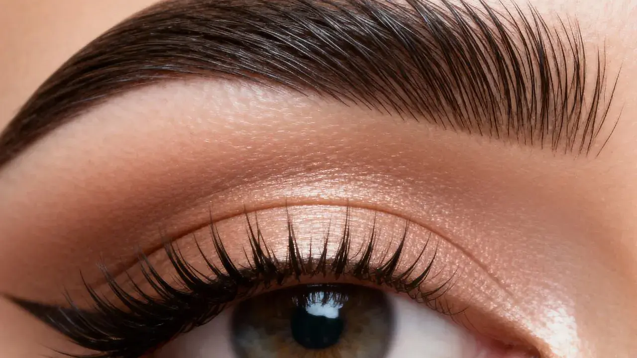 Un œil maquillé avec un eye-liner fin et des cils longs. Les sourcils sont parfaitement coiffés, un effet "brow lift sourcils c'est quoi" pour un regard intense.