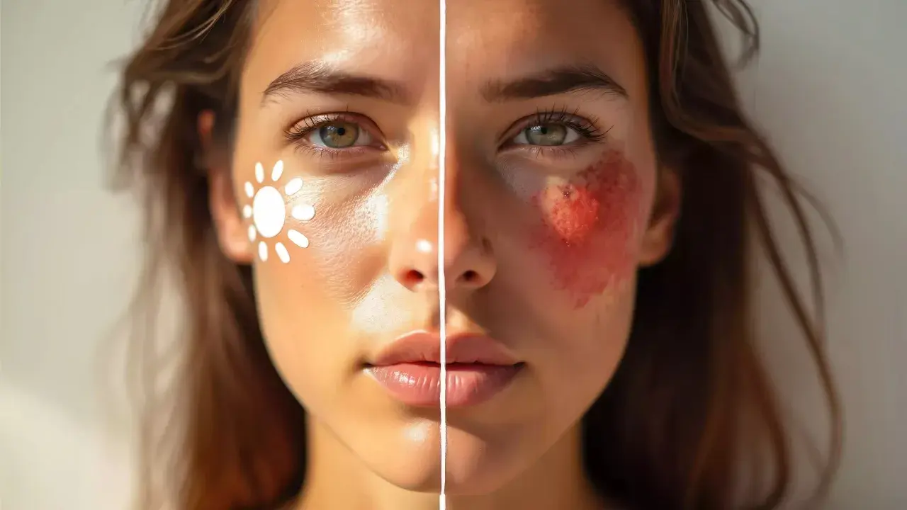 Visage divisé : d'un côté, une peau saine avec un soleil dessiné, de l'autre, une rougeur intense, signe d'une irritation peau causée par frottement.