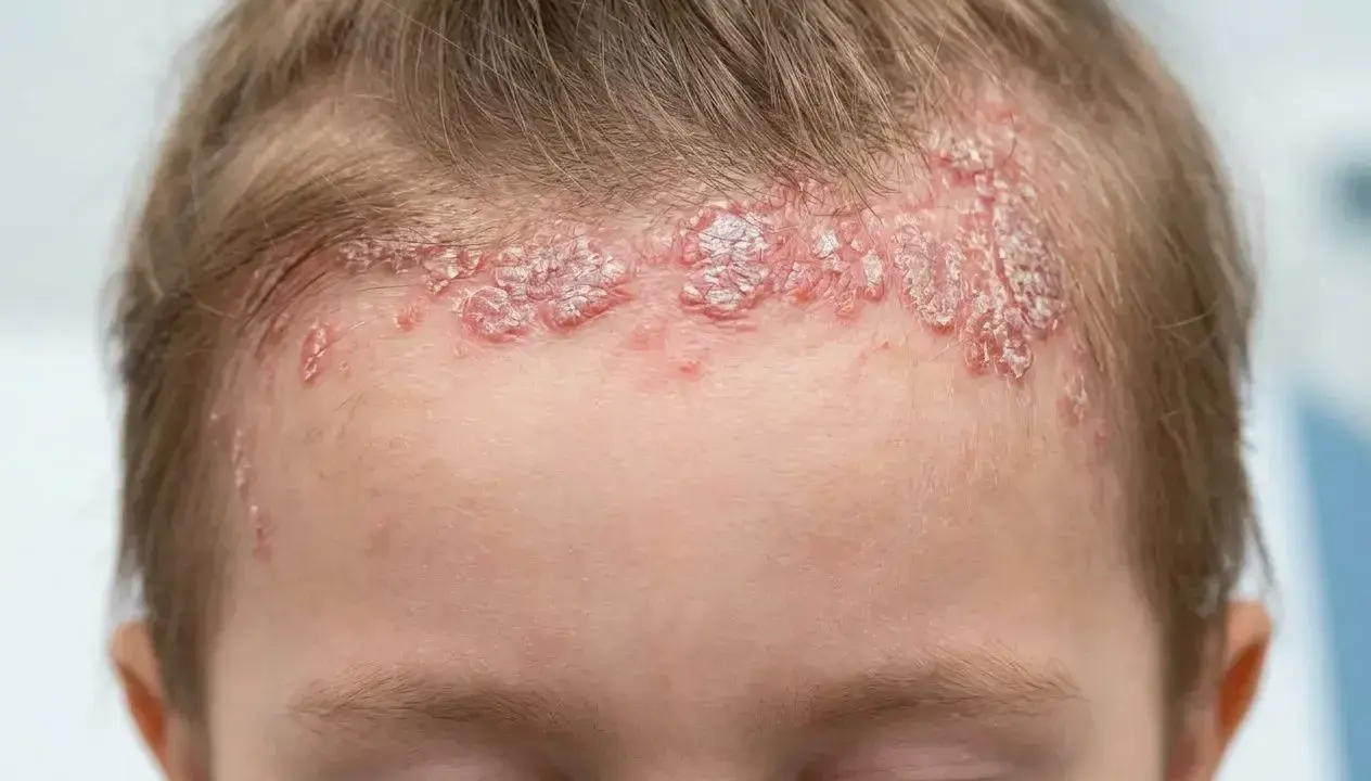 Psoriasis sur le cuir chevelu d'un bébé, avec des plaques rouges et squameuses le long de la ligne des cheveux.