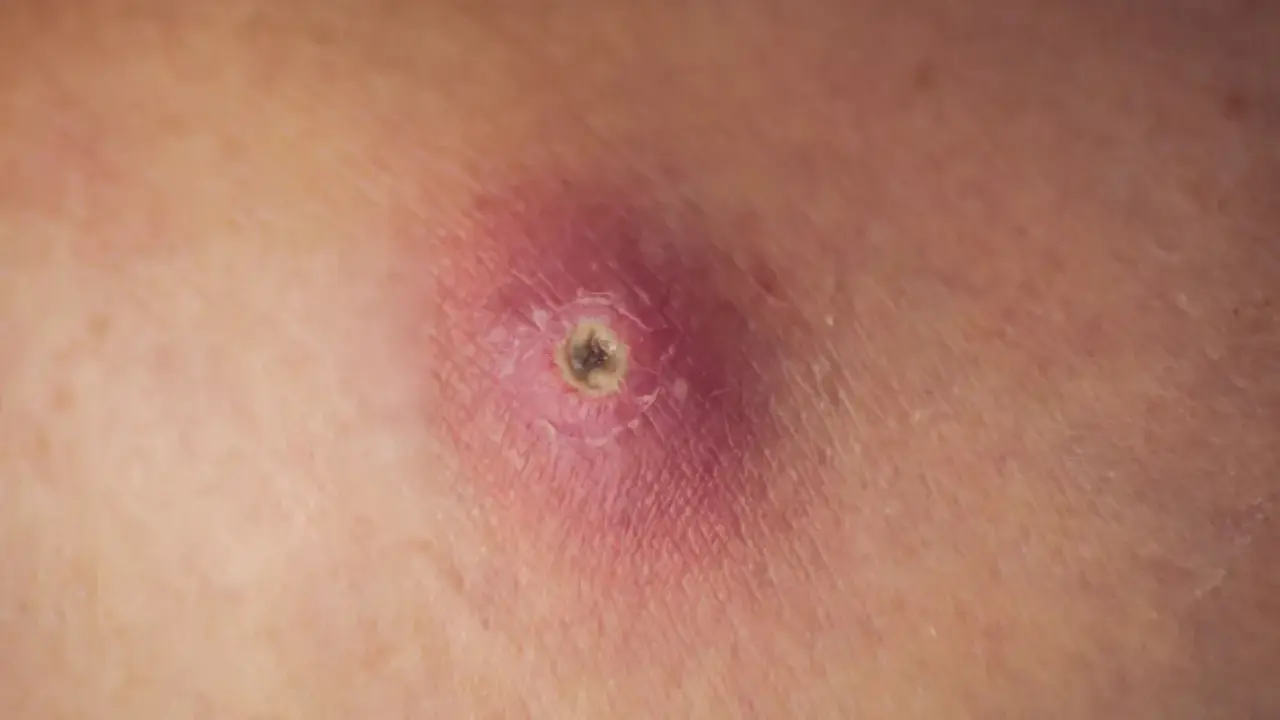 Gros plan d'un furoncle sur la cuisse, rouge et enflammé, avec un centre sombre.