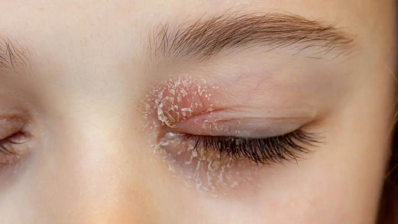 Gros plan sur un œil fermé présentant une peau sèche et squameuse, signe d'une mycose autour des yeux.