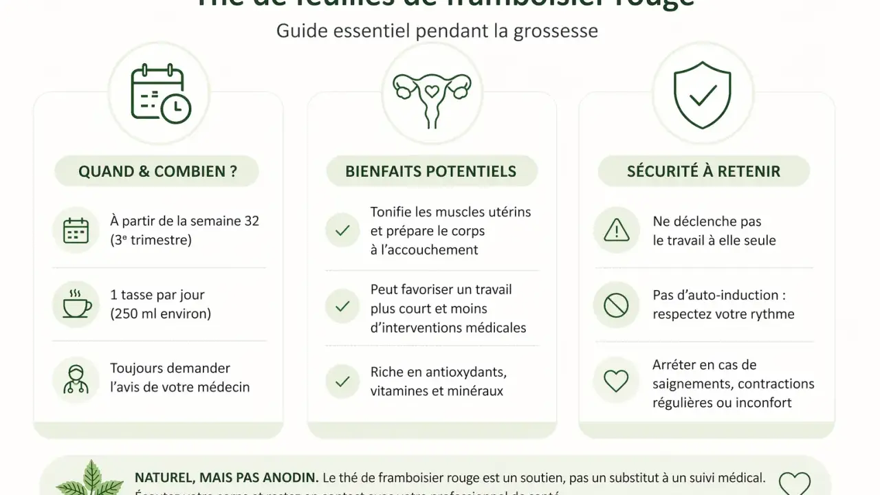 Guide sur le thé de feuilles de framboisier rouge pour la grossesse : quand le boire, ses bienfaits potentiels et précautions.
