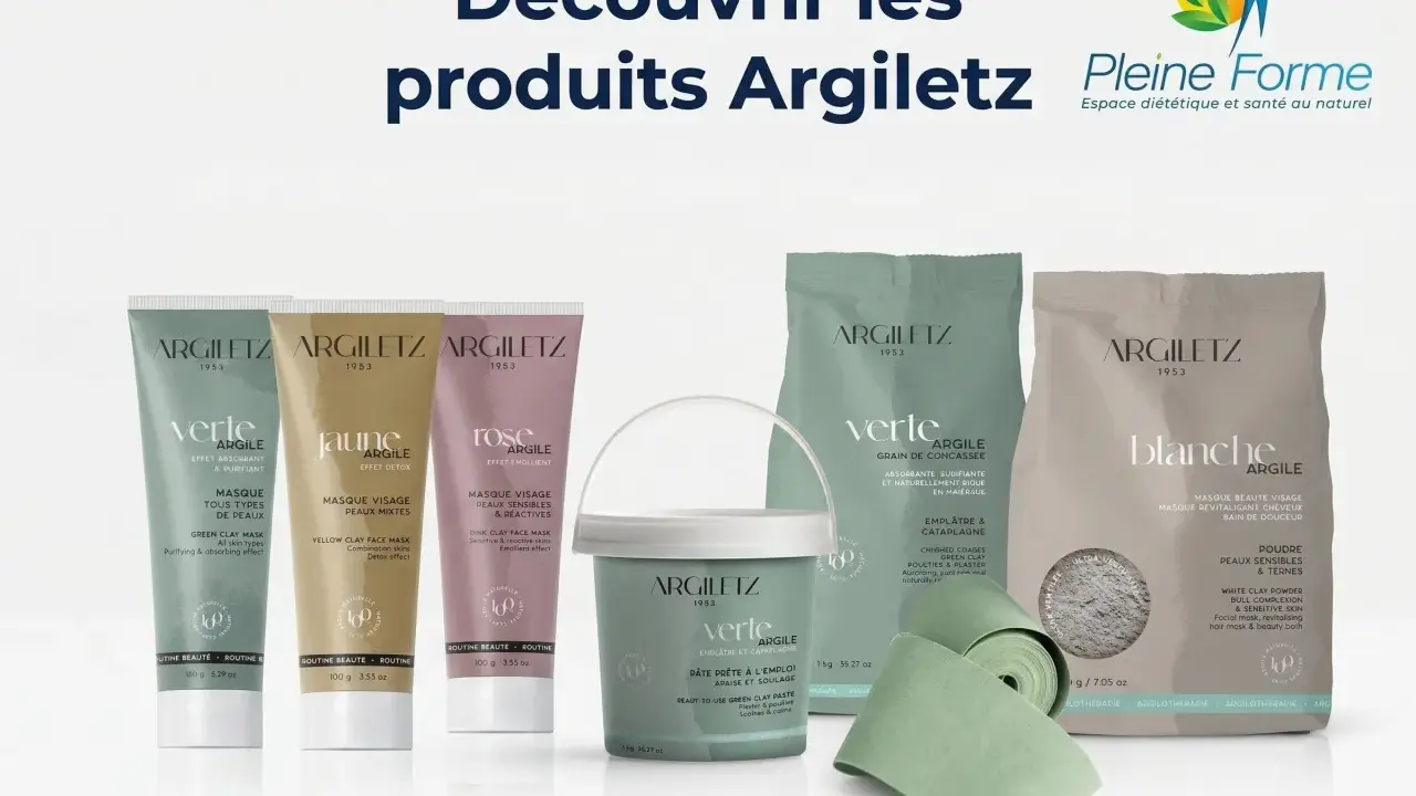Une sélection de produits Argiletz, dont un masque argile verte, pour une routine beauté naturelle.
