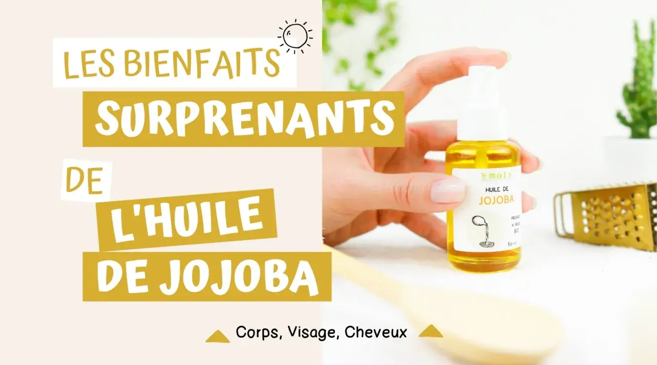 Découvrez les bienfaits surprenants de l'huile de jojoba pour le visage, le corps et les cheveux. Une main tient un flacon d'huile de jojoba.