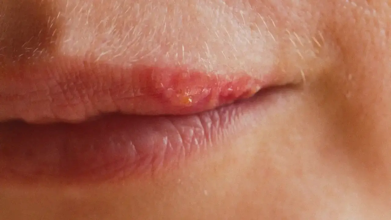 Gros plan sur une lèvre avec un bouton de fièvre rouge et enflammé, suggérant un traitement en cours.