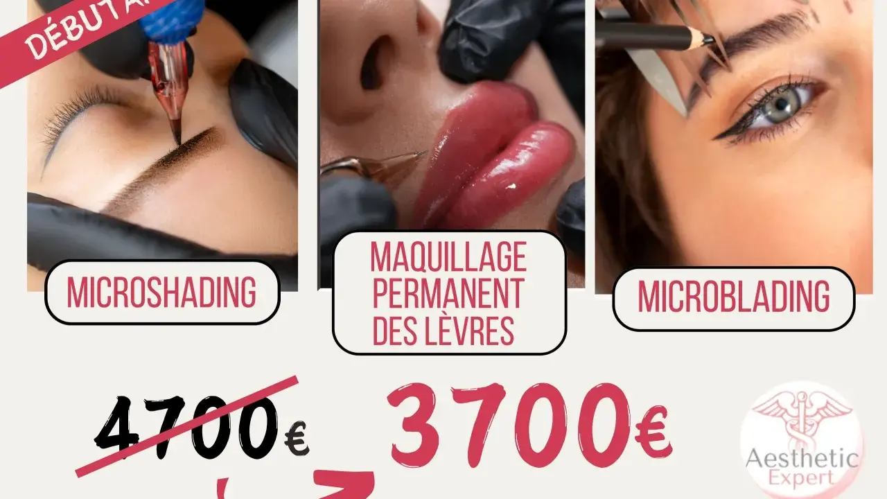 Microshading, maquillage permanent des lèvres et microblading pour un tatouage sourcils femme parfait. Offre spéciale : 3700€ au lieu de 4700€.