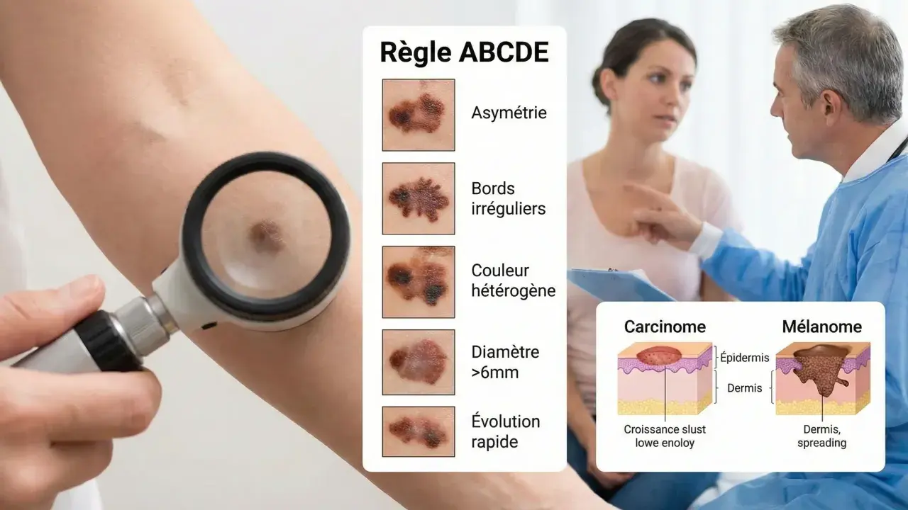 Examen d'un grain de beauté suspect pour détecter un cancer de la peau. La règle ABCDE aide à identifier les signes d'alerte.
