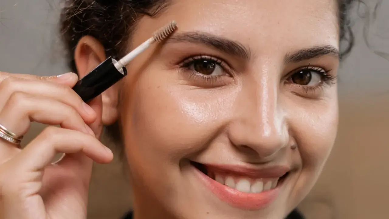 Une femme souriante utilise une brosse pour redessiner ses sourcils.