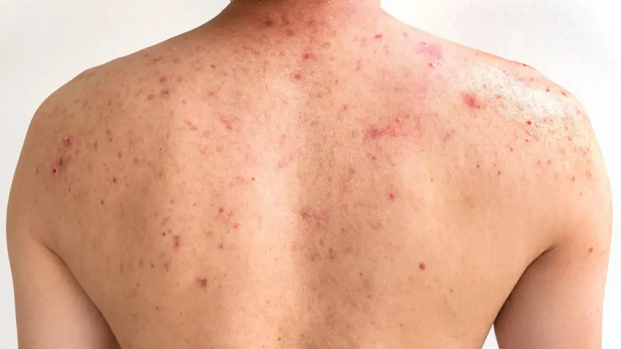 Le dos d'une personne présente de nombreuses imperfections rouges et enflammées, typiques de l'acné du dos.