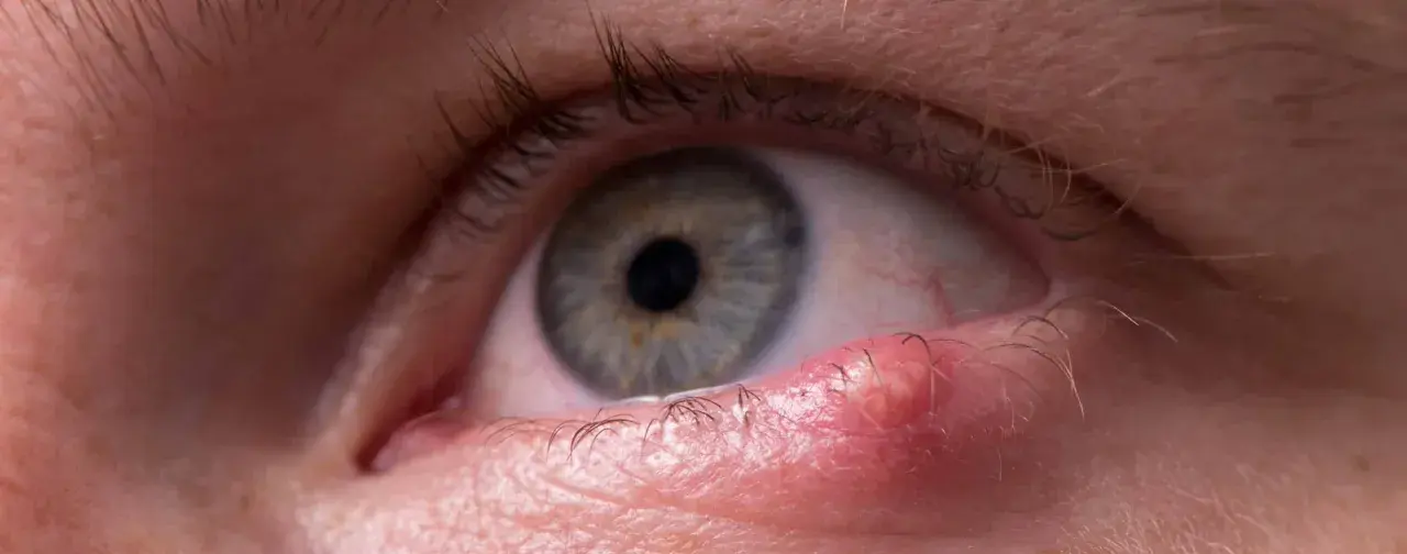 Gros plan sur un œil avec une tache rouge sur la paupière supérieure, près des cils.