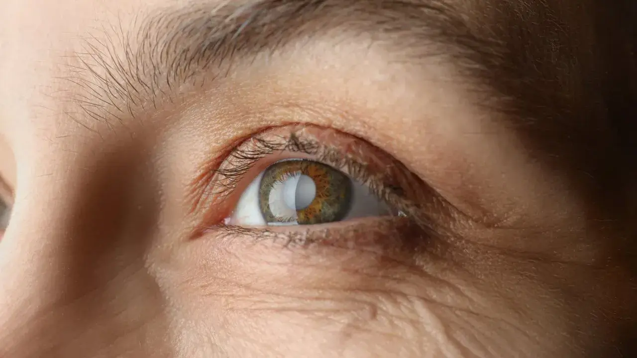 Gros plan sur un œil humain, montrant des rides autour de l'œil et une légère perte de cils.