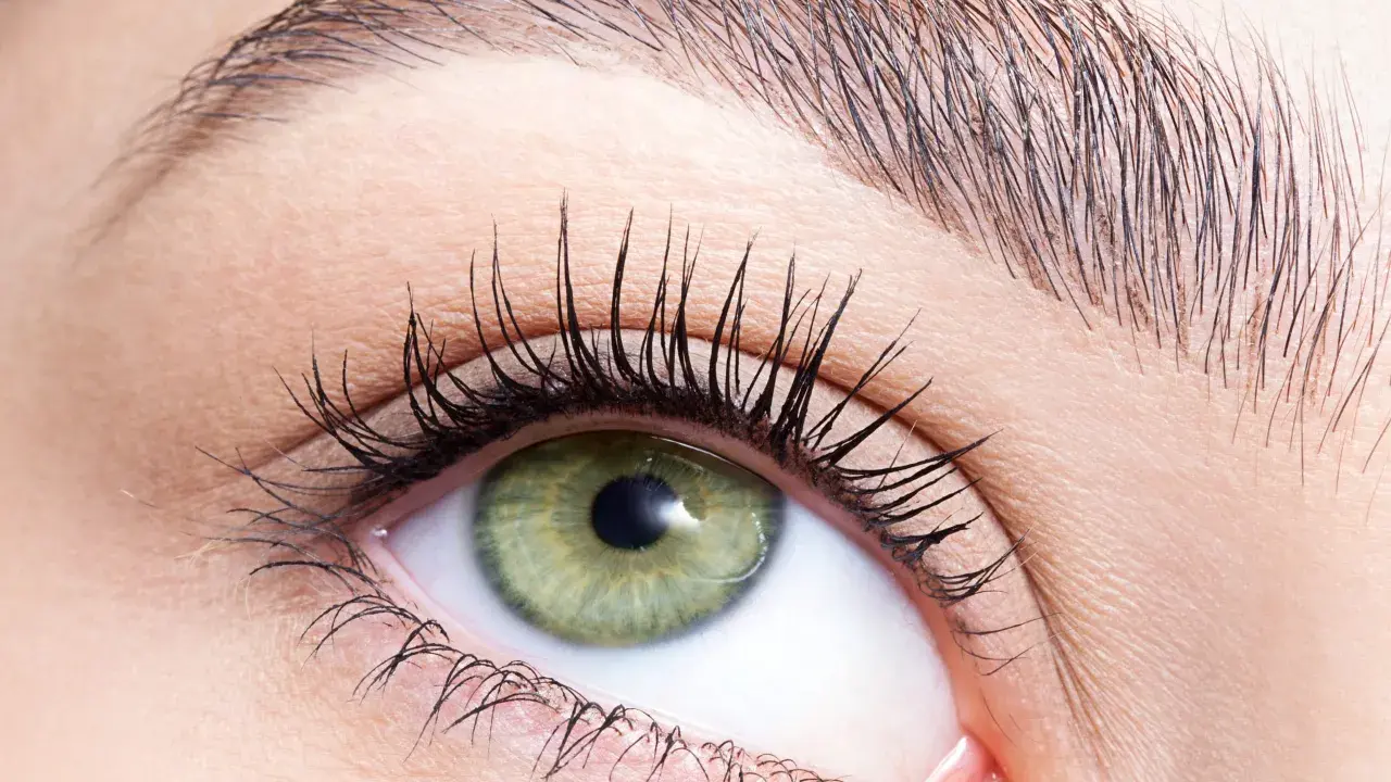 Œil vert aux cils longs, sourcil parfaitement dessiné après une épilation sourcil cire.