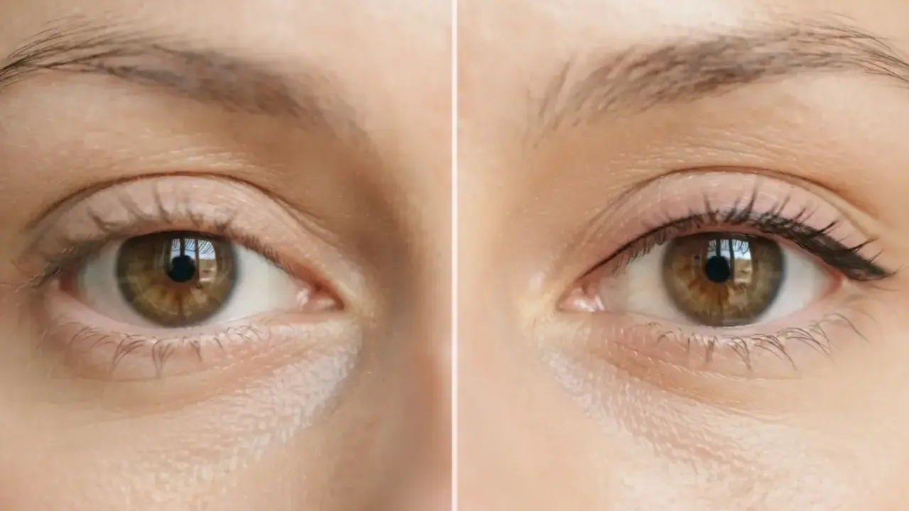 Avant/après : un œil sans maquillage et un œil avec un trait d'eye-liner fin, évoquant le maquillage permanent cils.