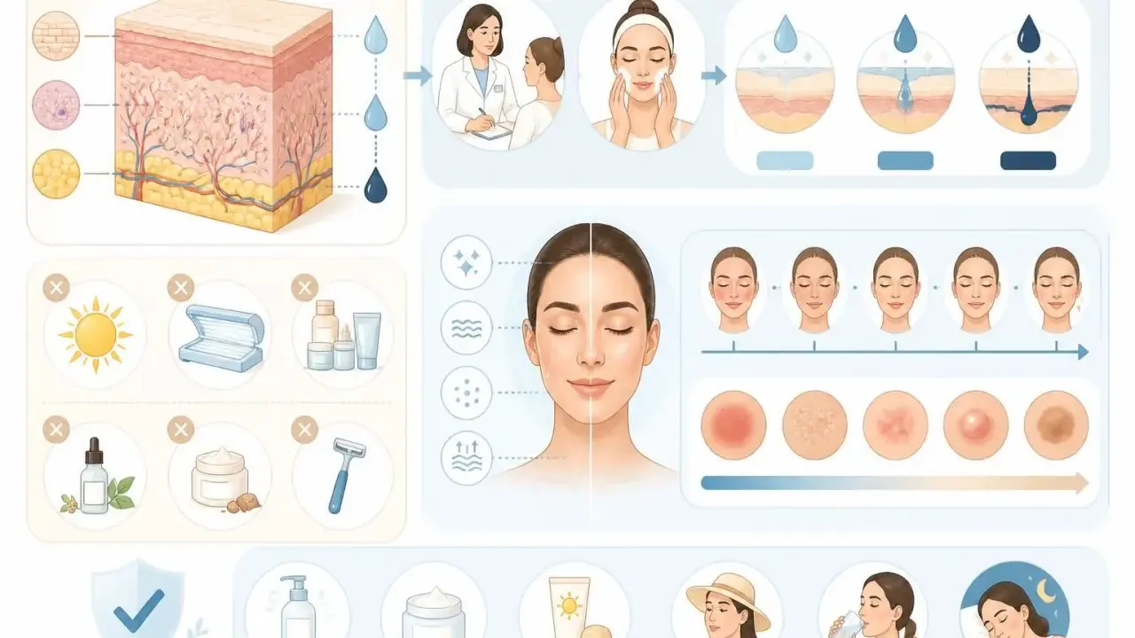 Illustration d'un peeling visage, montrant les couches de la peau, des conseils de soins et les effets sur différents types de peau.