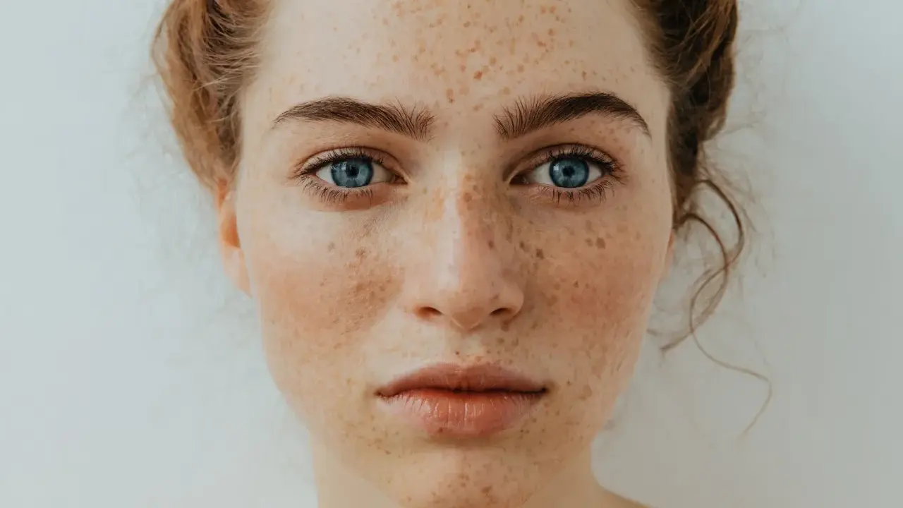 Visage d'une jeune femme aux yeux bleus perçants, sa peau parsemée d'une jolie tache de rousseur.