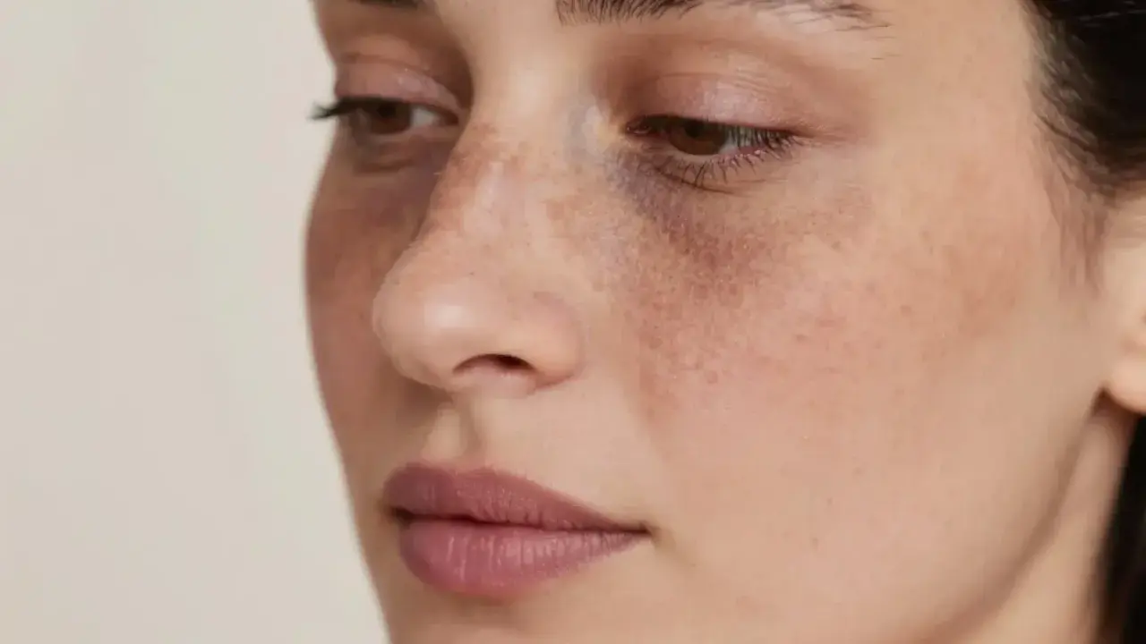 Visage d'une femme avec des taches brunes sous les yeux, évoquant le masque de grossesse du 1er trimestre.