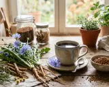 Tasse de café fumante près de racines de chicorée et de fleurs bleues. Les chicorée bienfaits sont nombreux, cette plante est utilisée pour ses vertus.