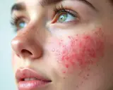 Gros plan sur le visage d'une jeune femme, montrant une peau irritée avec des rougeurs et des petites pustules sur la joue.