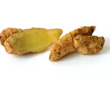 Racine de galanga coupée, révélant sa chair jaune pâle. Un ingrédient aux multiples galanga bienfaits pour la santé et la cuisine.