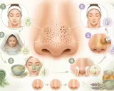 Étapes pour l'extraction de gros points noirs sur le nez : nettoyage, vapeur, masque, extraction douce, application de miel et soin final.