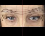 Grille de mesure sur le visage, montrant un sourcil raté. Des flèches indiquent les ajustements nécessaires.