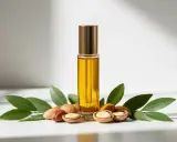 Flacon d'huile d'argan visage doré, entouré de noix d'argan et de feuilles vertes. Un élixir naturel pour sublimer votre peau.