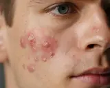 Gros plan sur le visage d'un jeune homme, montrant une irritation paupière et des lésions d'acné enflammées sur la joue.