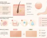 Illustration expliquant la kératose pilaire, ses causes et les étapes d'un soin pour lisser la peau, transformant une peau rugueuse type "peau de fraise" en une peau lisse.